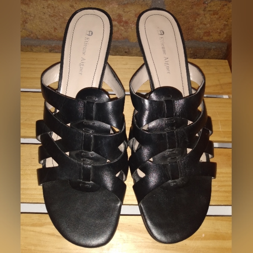 Etienne Aigner Black Leather Slip On 3" Heels. Size 9.5. Like New.